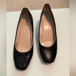 Black leather wedges